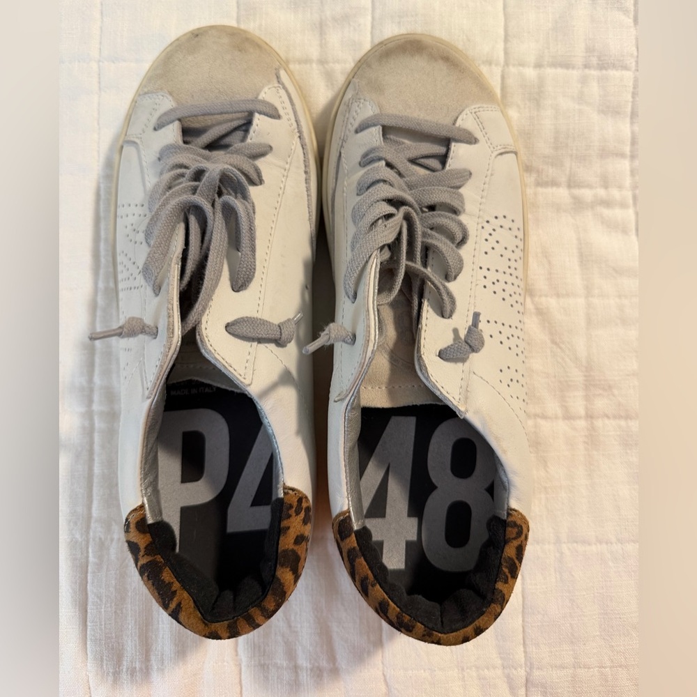 P448 distressed white sneakers with Leopard Detail